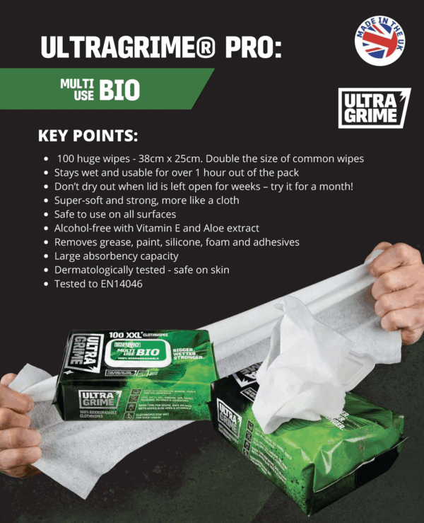 UltraGrime PRO Bio XXL+ Clothwipes 100pk - Bilde 2